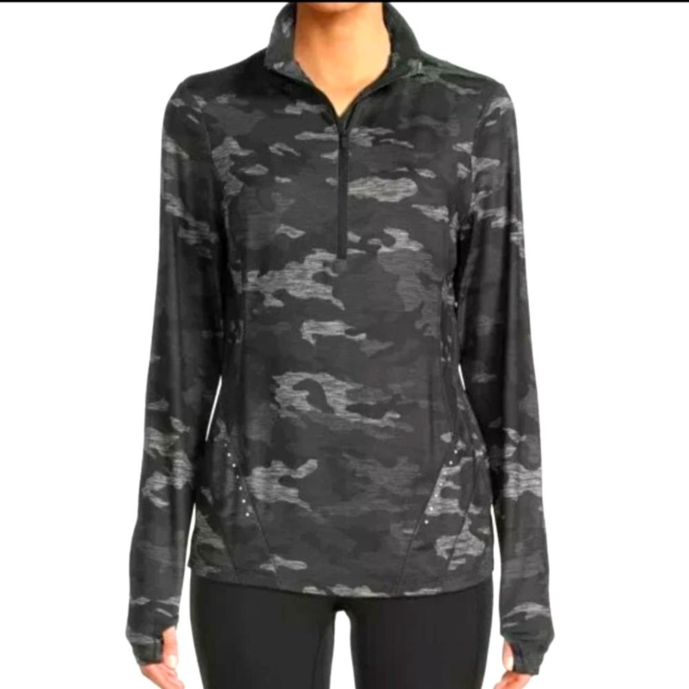 Nwot Women's Black Camouflage Quarter-Zip Top With Thumb-holes Size Xs (0-2)
